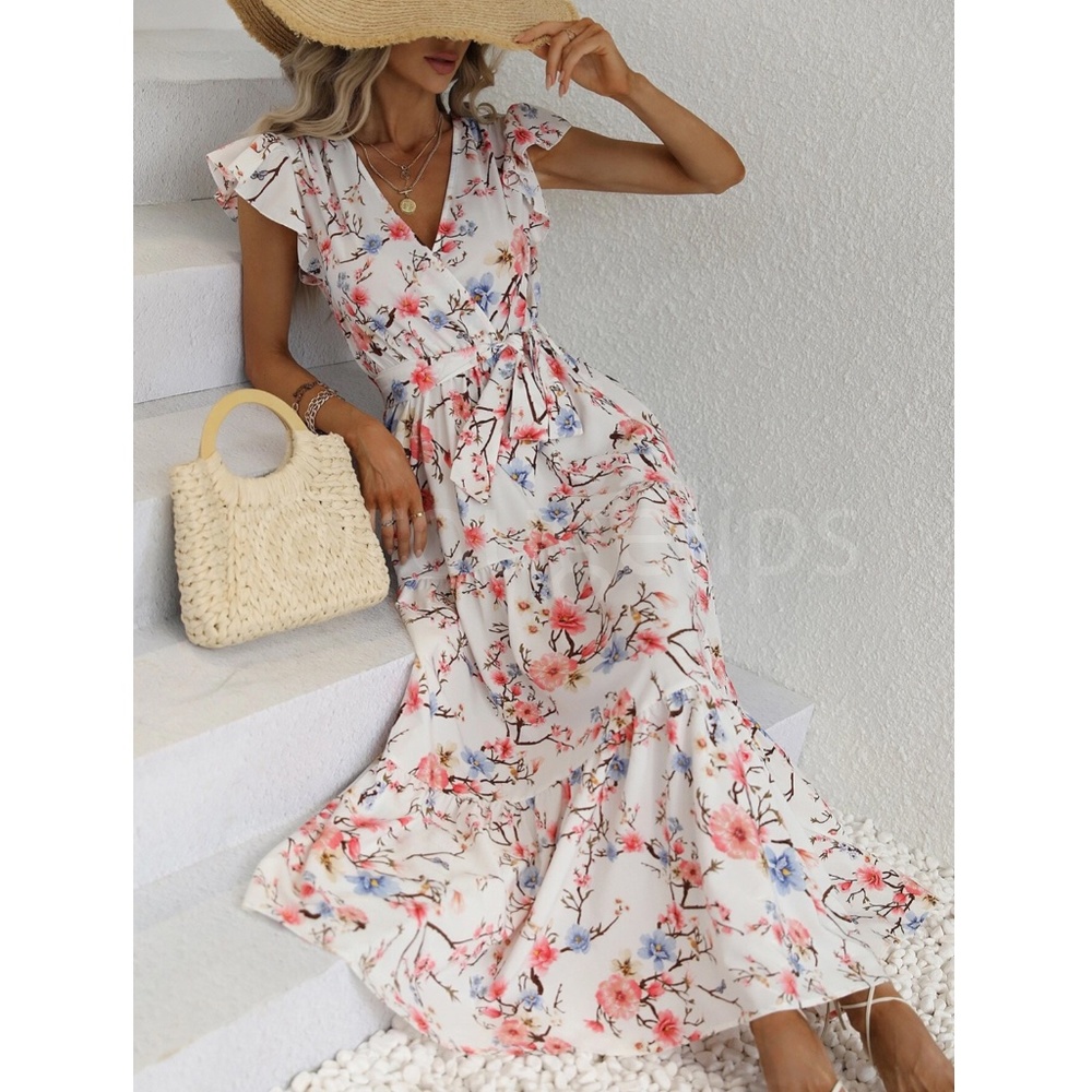 Floral Dress Surplice Overlapping V Neck Fit Flare Maxi Long Off White Tie Belt